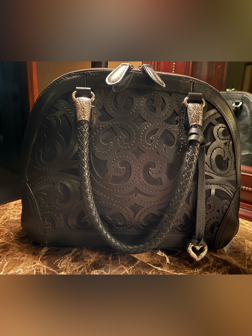 Brighton Black Embossed Leather Satchel with Heart Charm - Picture 2 of 5